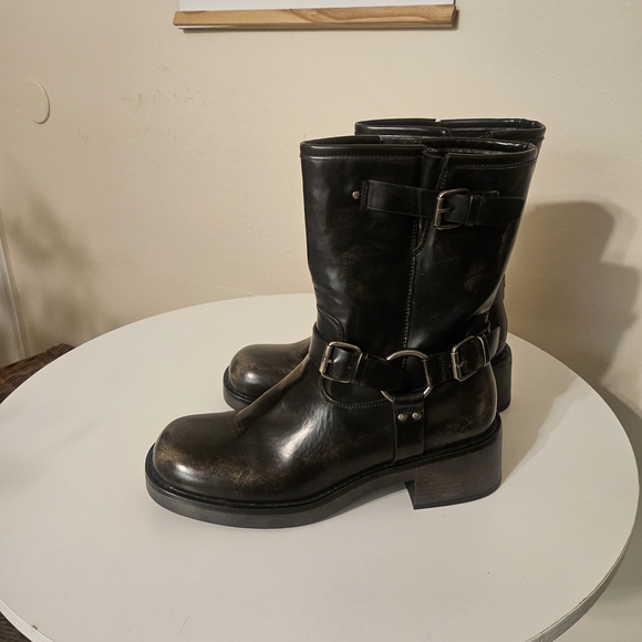 DSW Dark Leather Combat Boots with Buckles - Picture 1 of 9